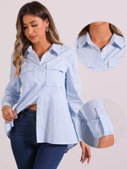 Allegra K - Striped Long Sleeve Cotton Shirt