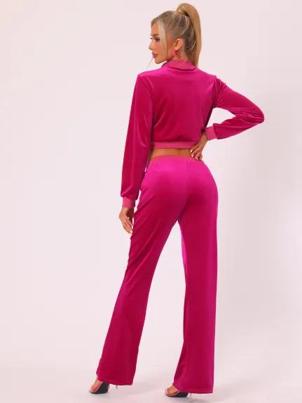 Allegra K - Velvet Crop Jacket Sweatpants Tracksuit