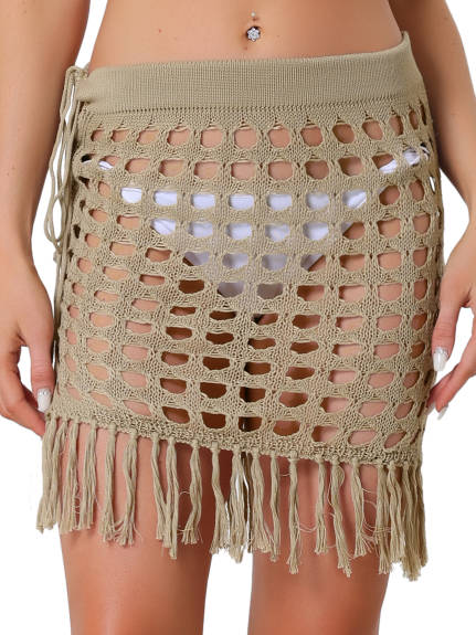 Allegra K- Crochet Tassel Mesh Cover Up Drawstring Beach Skirt