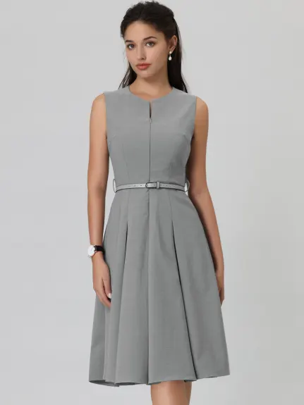 Hobemty- Sleeveless Zip Up Belted Fit and Flare Dress