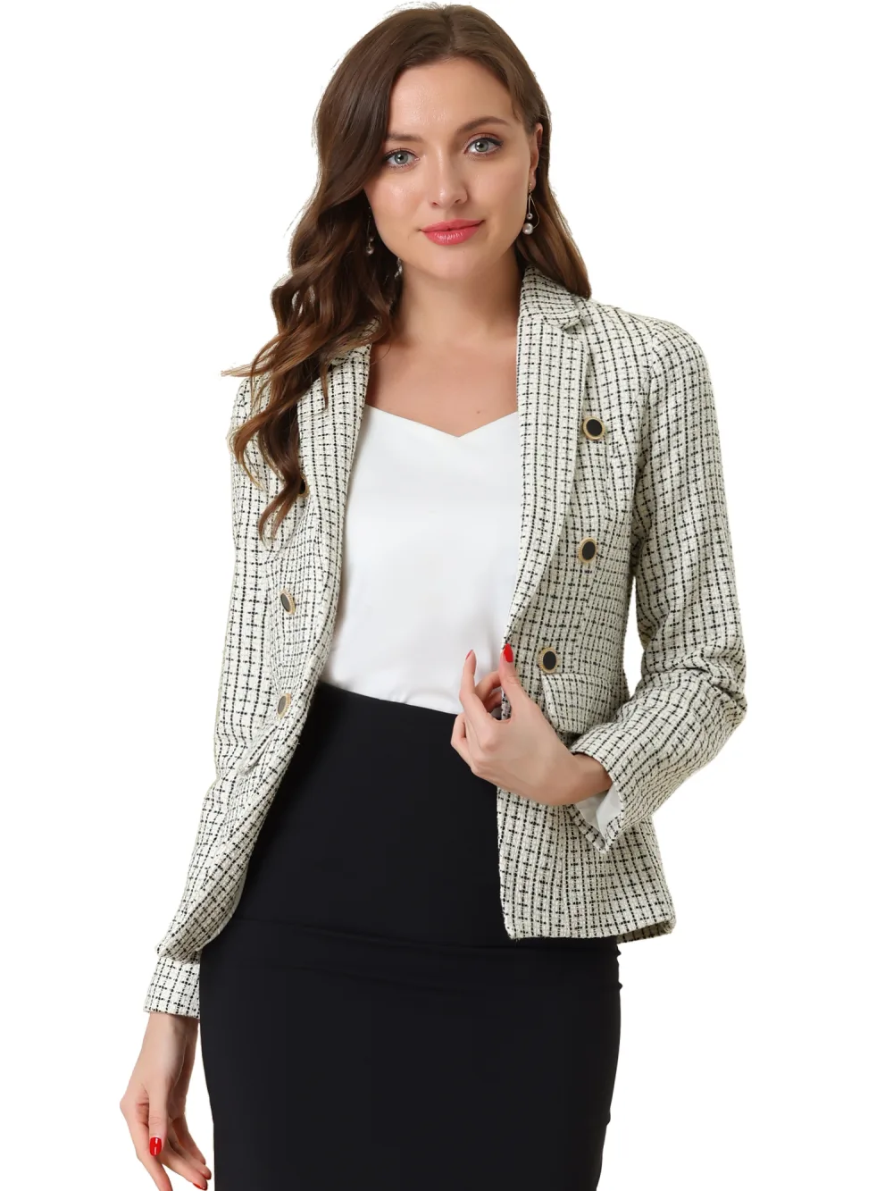 Allegra K- Notched Lapel Open Front Plaid Tweed Blazer