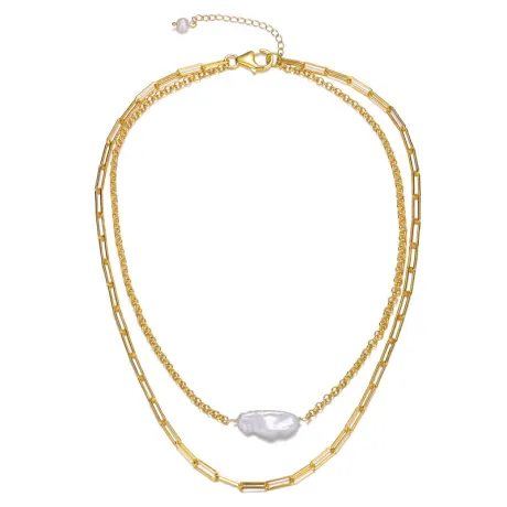 Genevive Sterling Silver 14k Gold Plated Genuine Freshwater Pearl Layered Necklace