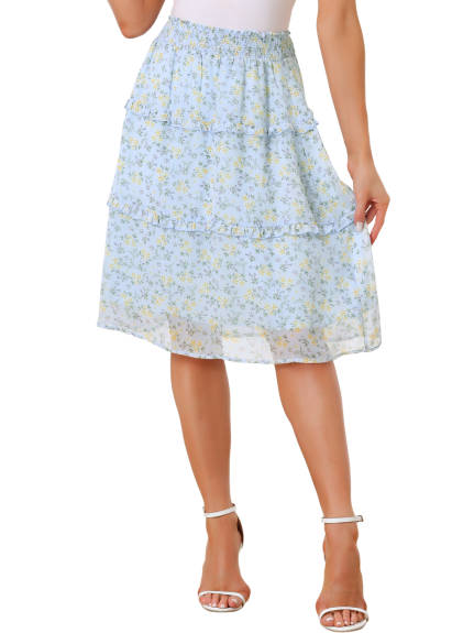 Allegra K- Smocked Waist Ruffle Tiered Floral Skirt