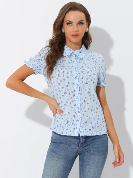 Allegra K - Chemise en coton fleuri à manches courtes et à volants