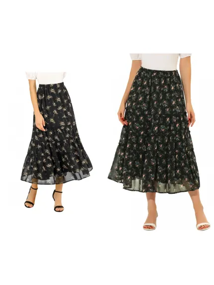 Allegra K- Floral Tiered Chiffon Skirt Pack, Black Combo 2