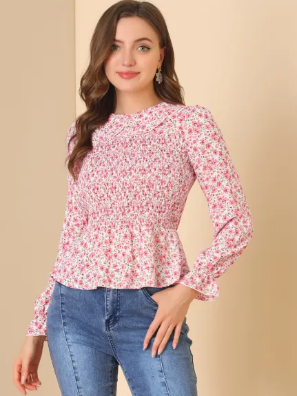 Allegra K - Peter Pan Collar Chiffon Floral Smocked Top