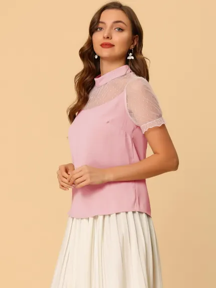 Allegra K- Mock Neck Puff Sleeve Elegant Mesh Sleeve Top