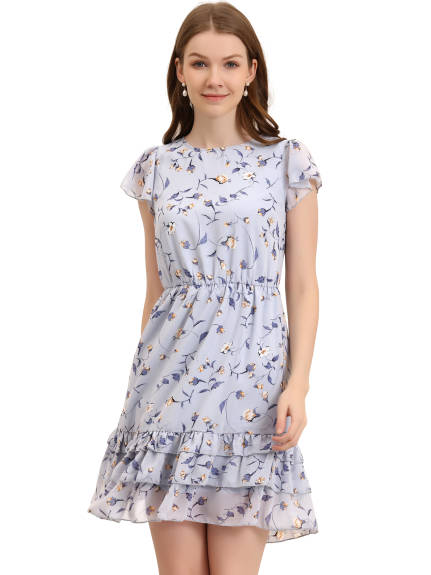 Allegra K- Floral A-Line Ruffle Layered Chiffon Dress