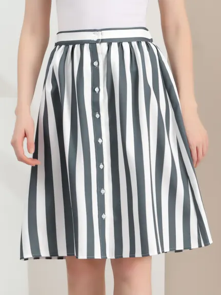 Allegra K - Button A-Line Striped Midi Skirt