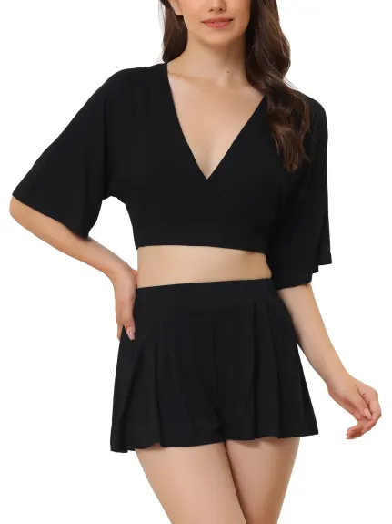 cheibear - V Neck Crop Shirt Shorts Lounge Set