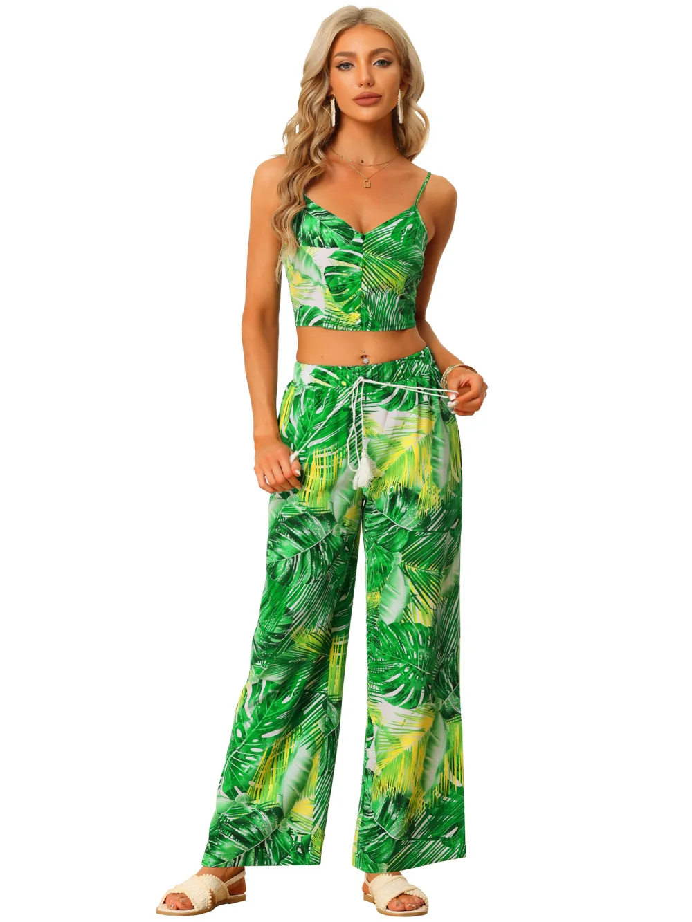 Allegra K- Ensemble deux pièces à imprimé tropical avec haut court et pantalon à taille élastique et jambes larges