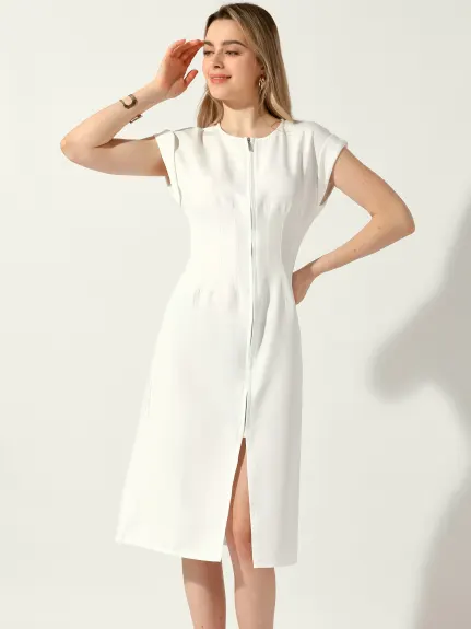 Allegra K - Solid Round Neck Short Sleeve Midi Dress