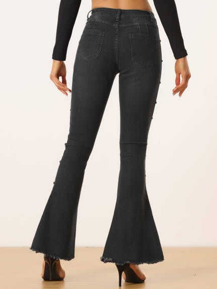 Allegra K - Beaded Raw Hem Bell Bottom Denim Pants