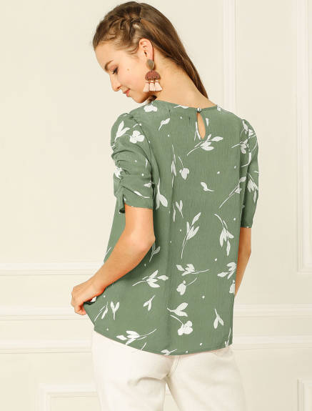 Allegra K- Floral Crew Neck Shirred Short Sleeve Blouse