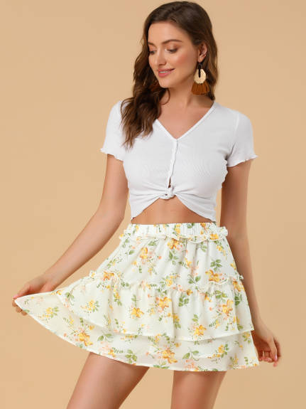 Allegra K- Layered Ruffle Elastic Waist Floral Mini Skirt