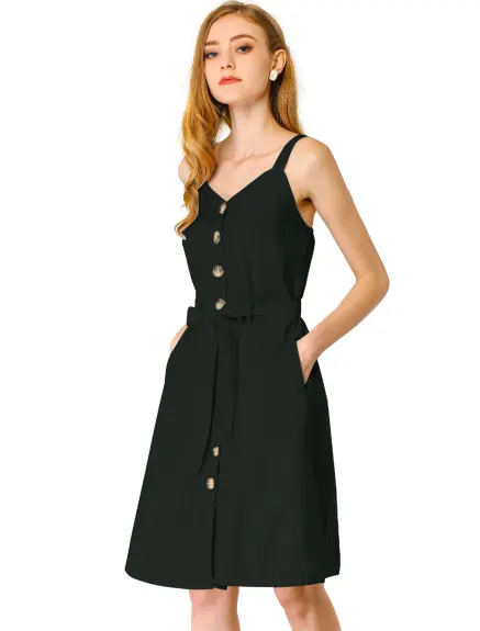 Allegra K- Belted Spaghetti Strap Button Dress