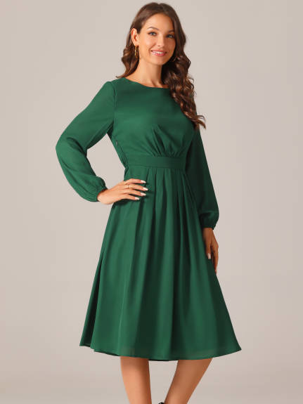 Allegra K - Long Sleeve Pleated Midi Dress