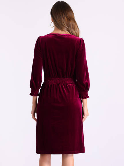 Allegra K - Velvet Boat Neck Puff Sleeve Midi Dress