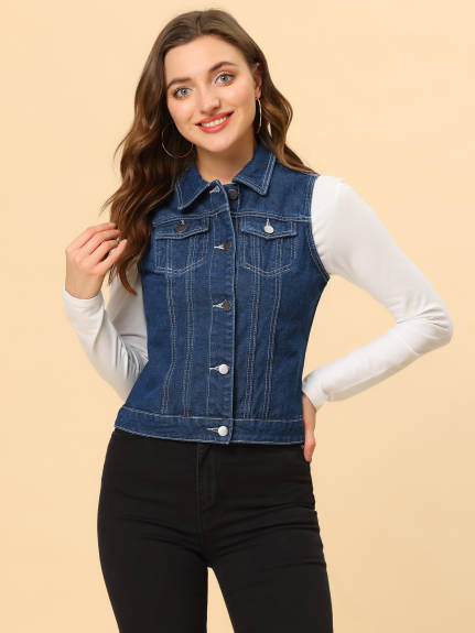 Allegra K- Washed Denim Buttoned Vest with Flap Pockets