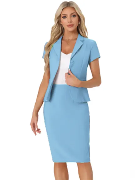 Allegra K- 2 Piece Suit Set Short Sleeve Blazer Jacket Pencil Skirt