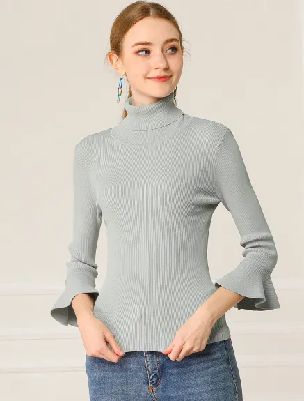 Allegra K- Turtle Neck 3/4 Ruffle Sleeves Pullover Slim Rib Knit Sweater