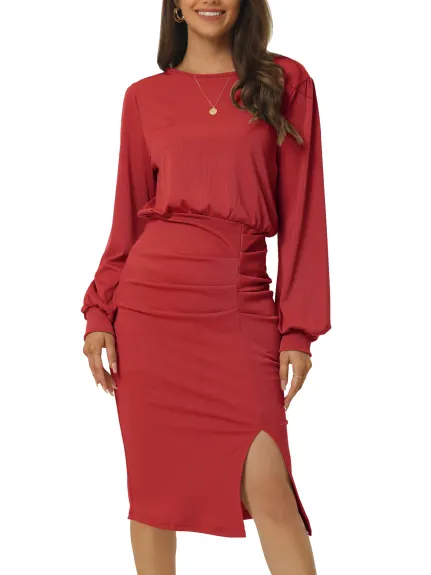 Allegra K- Ruched Side Slit Lantern Sleeve Ribbed Knit Bodycon Midi Dress