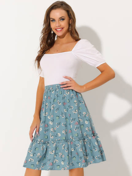 Allegra K- Ruffle Hem Tiered A-Line Floral Midi Skirt