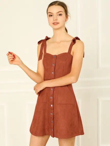 Allegra K- Faux Suede A Line Short Button up Overall Dress