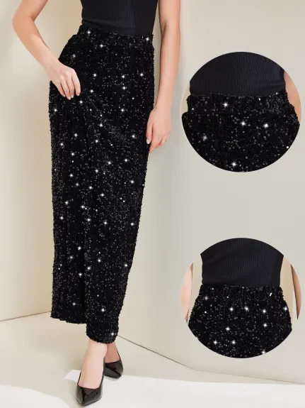 Allegra K - Elastic Waist Sequin Velvet Maxi Skirt