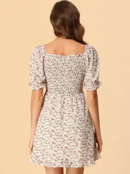 Allegra K- Puff Sleeve Square Neck Ruffled Hem Floral Smocked Dress