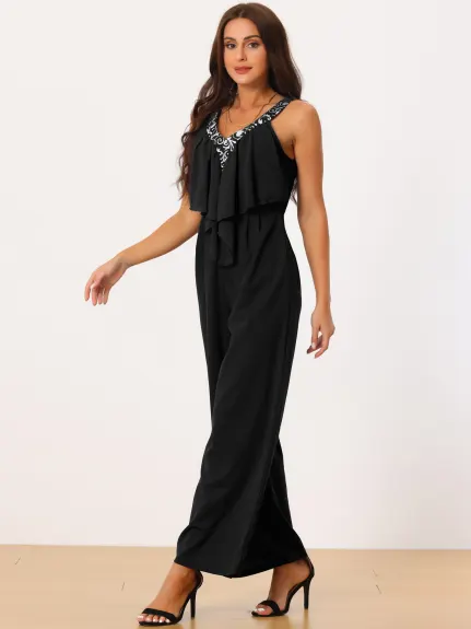 Allegra K - Summer Sleeveless V Neck Ruffle Jumpsuit