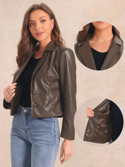 Allegra K - Faux Leather Motorcycle Cropped Jacket