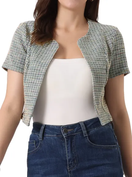 Allegra K- Short Sleeve Crop Tweed Cardigan