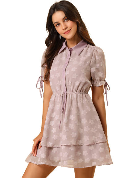 Allegra K- Peter Pan Collar Floral Drawstring Chiffon Layered Dress