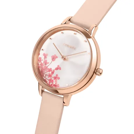 OUI & ME-Fleurette 34 mm 3 aiguilles boîtier en or jaune cadran argenté avec bracelet en cuir recyclé fleur rose