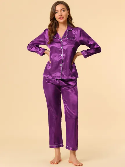 Allegra K - Ensembles de pyjama de détente boutonnés en satin