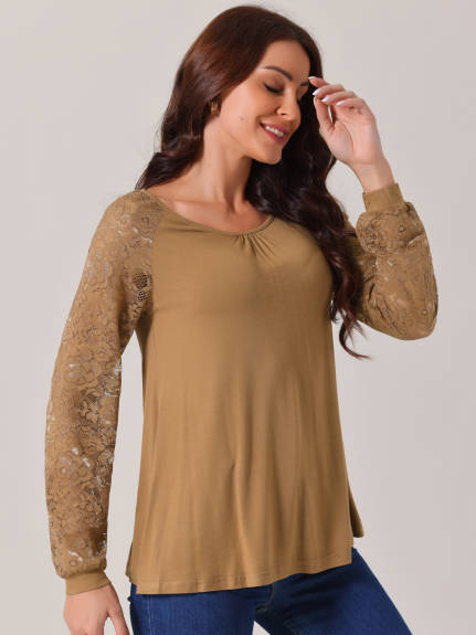 INSPIRE CHIC - Lace Long Sleeve Crewneck Fall Blouse