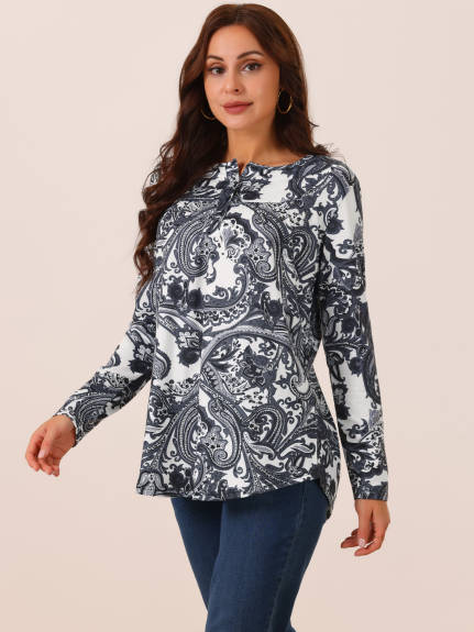 Allegra K - Floral Print Henley V Neck Tunic Top