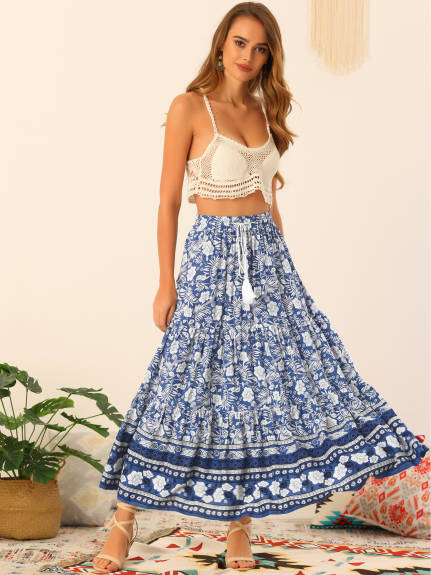 Allegra K- Boho Floral Elastic Waist Maxi Skirt