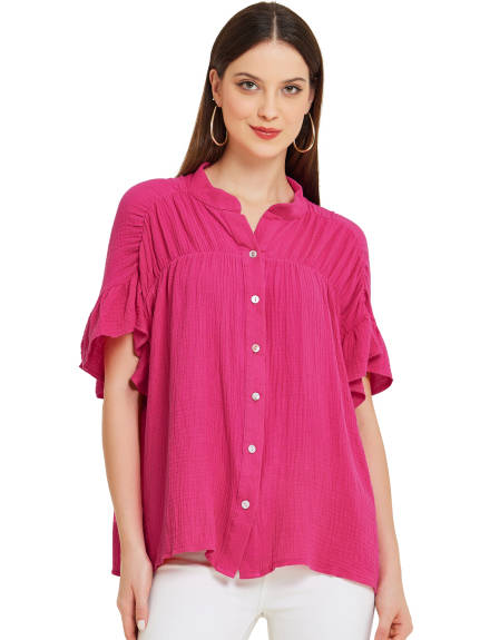 Allegra K - Button Up Textured Ruffle Sleeve Blouse