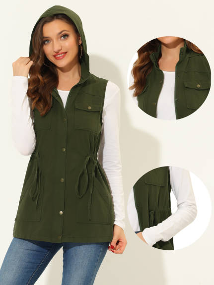 Allegra K- Zip Up Hoodie Drawstring Waist Vest