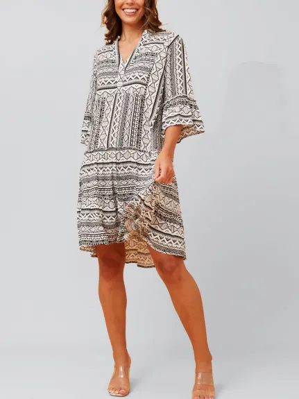 Annick - Louise Dress Geo Aztec Print V-Neck