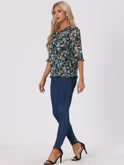 Allegra K- Floral Ruffled 3/4 Sleeve Blouse