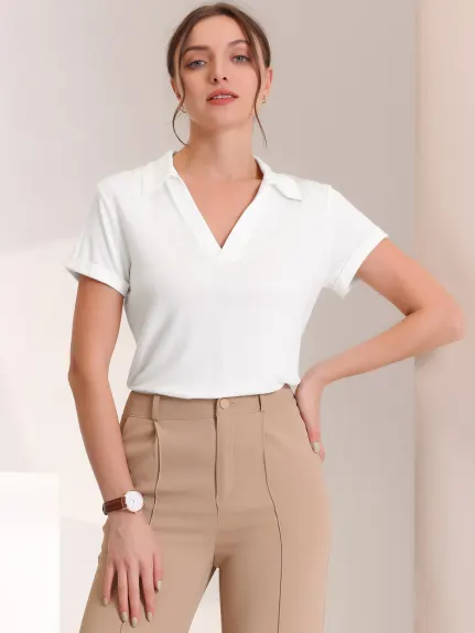 Allegra K- V Neck Polo Collared Blouse