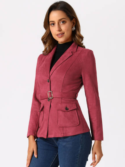 Allegra K- Faux Suede Belted Single Breasted Blazer Jacket Coat