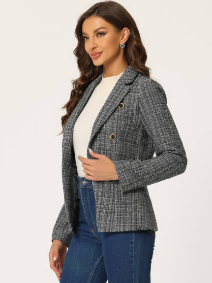 Allegra K- Notched Lapel Open Front Plaid Tweed Blazer