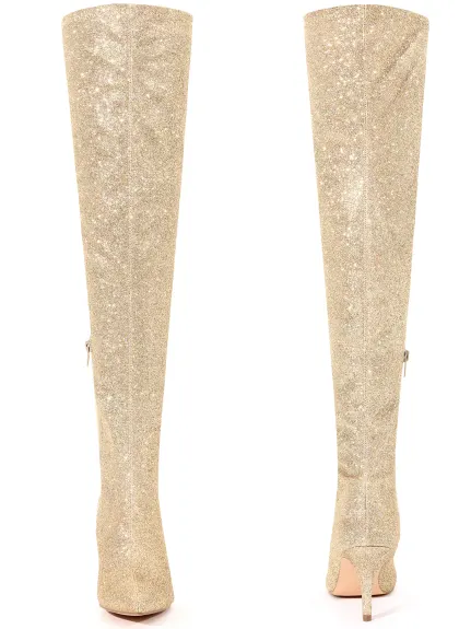 Allegra K - Glitter Pointed Toe Stiletto Heels Over the Knee Boots