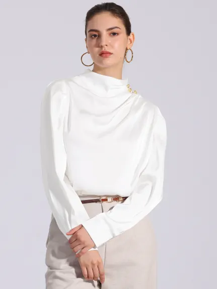 Allegra K - Satin Pleated Mock Neck Puff Sleeve Blouse