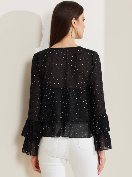 Allegra K - Polka Dots Ruffle Hem Long Sleeve Blouse