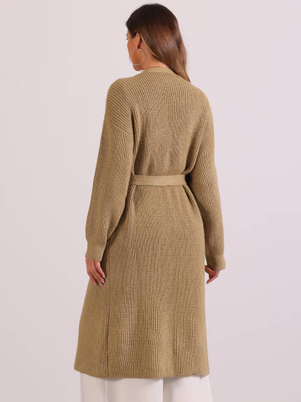 Allegra K - Open Front Sweater Belted Long Cardigan